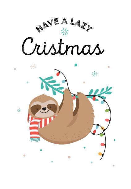 Fototapeta Cute sloths, funny Christmas illustrations with