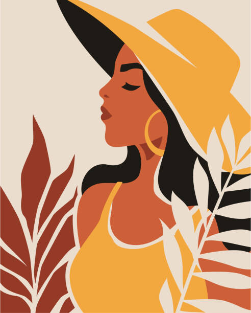 Fototapeta Fashion summer black woman natural tropical leaves contemporary art poster minimal style vector flat illustration