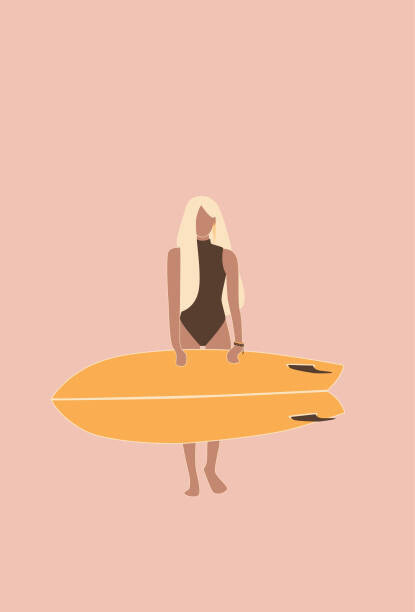 Fototapeta Flat illustration of surfer girl holding