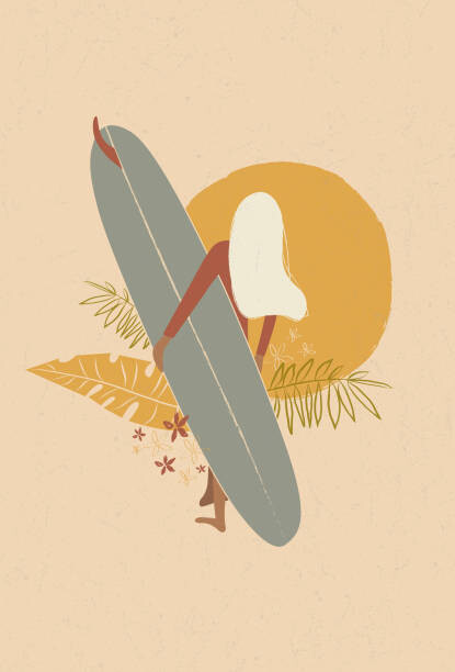 Fototapeta Flat illustration of surfer girl holding