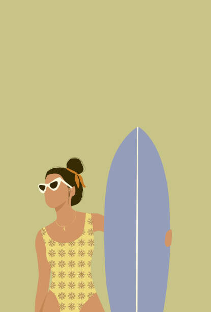 Fototapeta Flat illustration of surfer girl holding