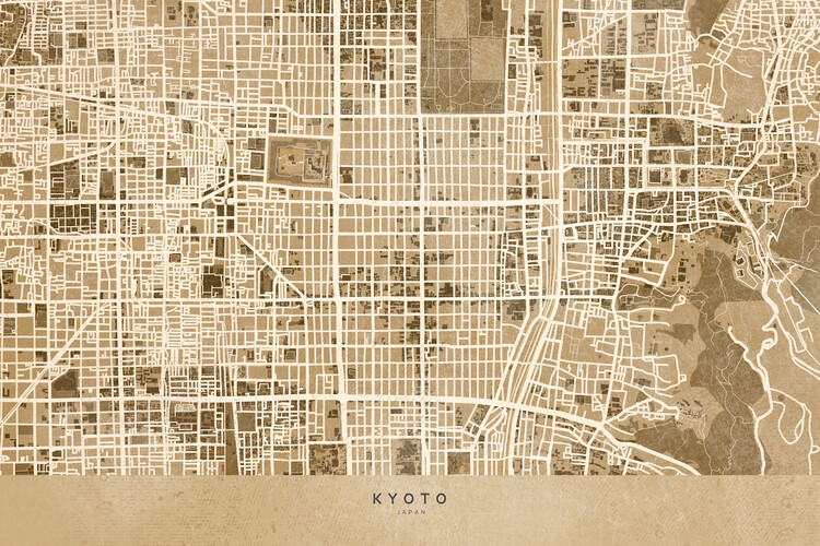 Fototapeta Map of Kyoto, Japan, in sepia vintage style