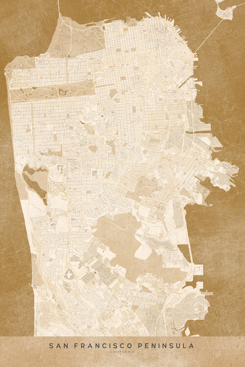 Fototapeta Map of San Francisco Peninsula in sepia vintage style