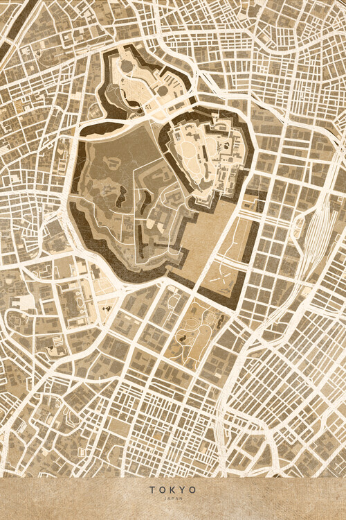 Fototapeta Map of Tokyo, Japan, in sepia vintage style
