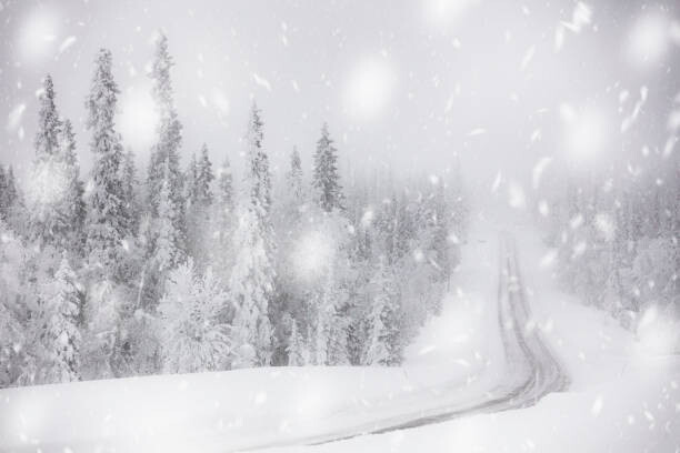 Fototapeta Snowflakes on icy empty road in