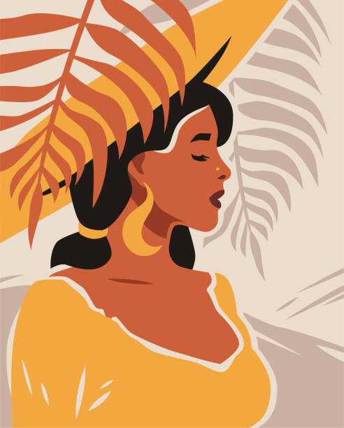 Fototapeta Summer African woman retro tropical background paint hand drawn contemporary art poster vector flat illustration