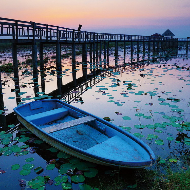 Glasbilder Wooden Landing Jetty - Blue Boat