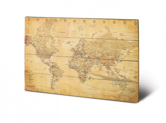 Bild auf Holz Karte von Welt, Weltkarte Antik