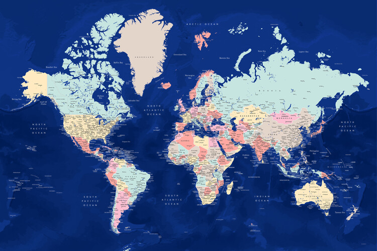 Fototapet Blue and pastels detailed world map