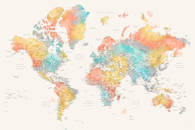Detailed colorful watercolor world map, Fifi фототапет