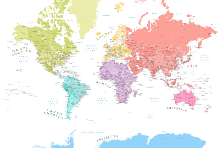 Detailed world map with continents in pastels фототапет