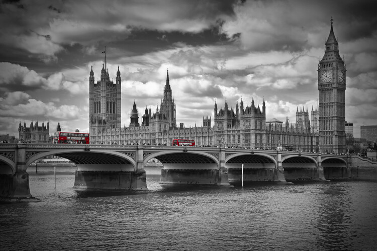 Fototapet LONDON Westminster Bridge & Red Buses