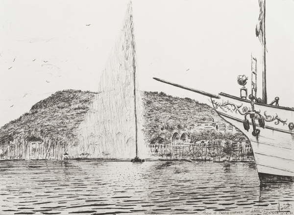 Obraz na plátně Geneva fountain and bow of pleasure cruiser, 2011,