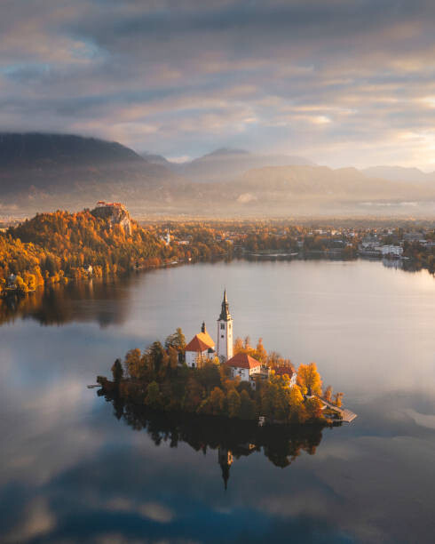 Obraz na plátně Aerial view of lake Bled church, Slovenia