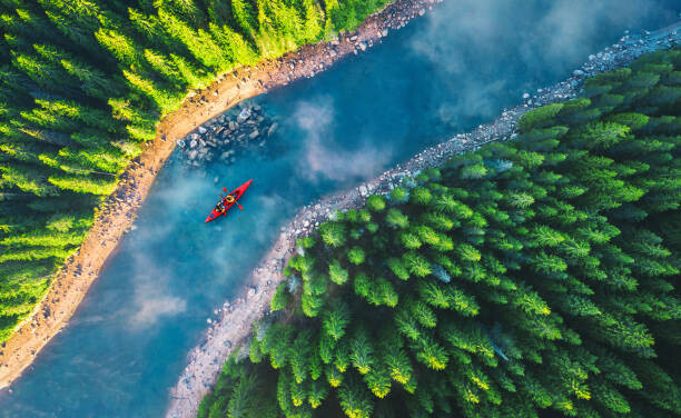 Obraz na plátně Aerial view of rafting boat or