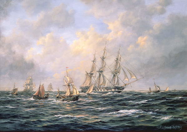 Obraz na plátně Convoy of East Indiamen amid Fishing Boats