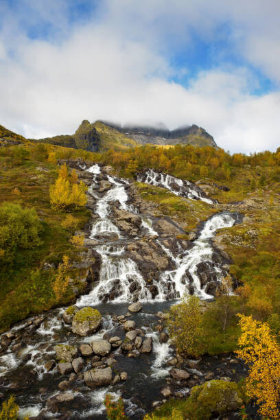 Obraz na plátně Lofoten waterfall on Moskenesoya, Lofoten, Norway