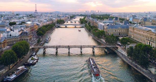 Obraz na plátně Paris aerial Seine river sunset France