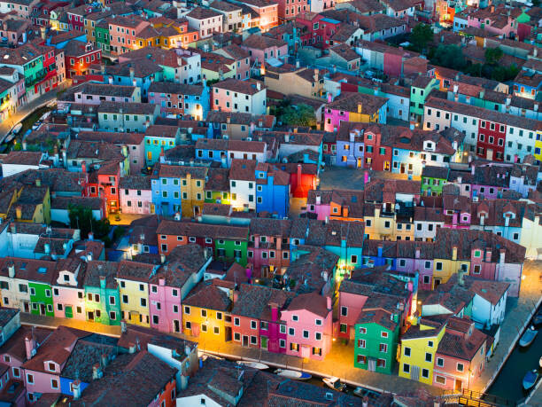 Obraz na plátně Venice, Burano Island, Aerial Evening View