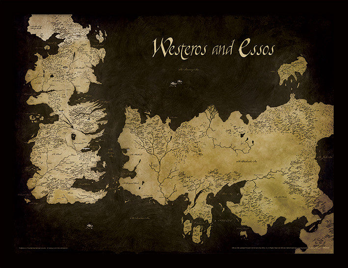 Zarámovaný plakát Hra o Trůny (Game of Thrones) - Westeros and Essos Antique Map