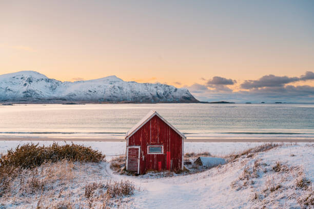 Cuadro en lienzo Solitary red cabin in a fjord, Lofoten Islands