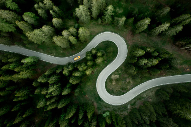 Plakat Aerial view of car traveling on