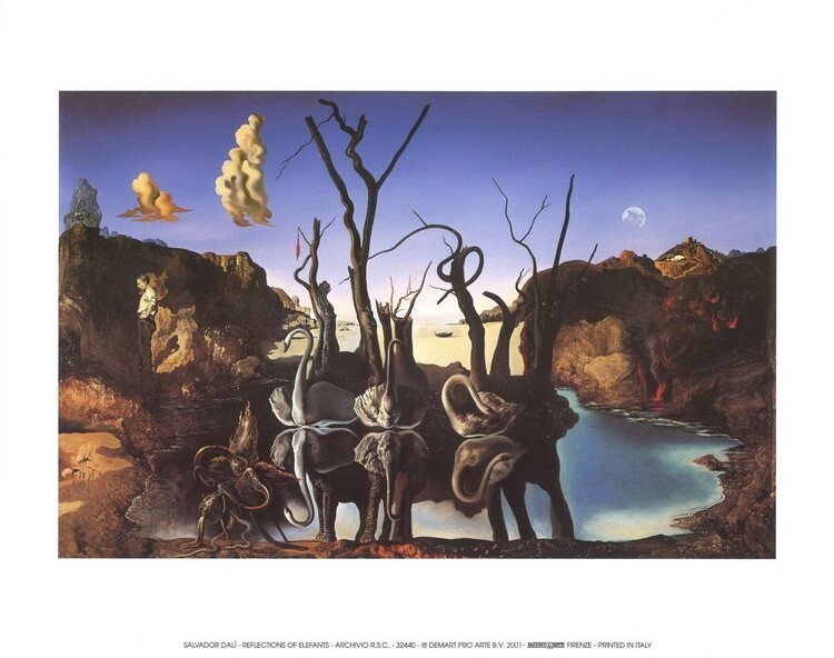 Swans Reflecting Elephants, 1937 Kunsttryk