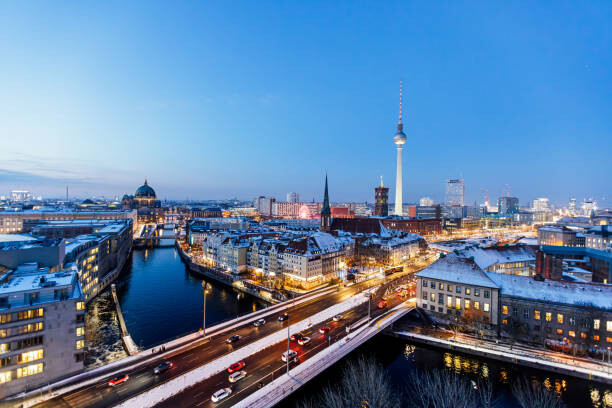 Plakát Aerial view of Berlin illuminated skyline