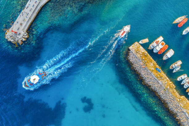 Plakát Aerial view of colorful boats and