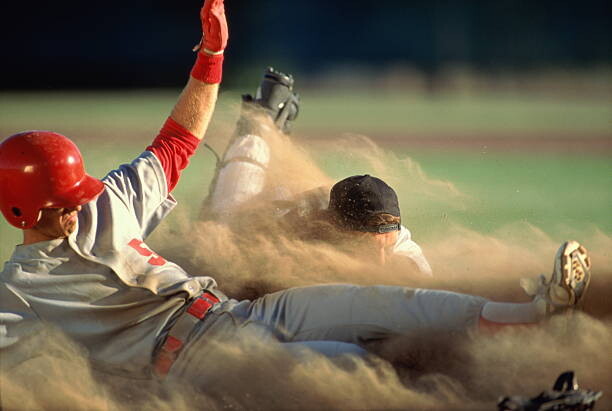 Plakát Baseball, player sliding into home plate,
