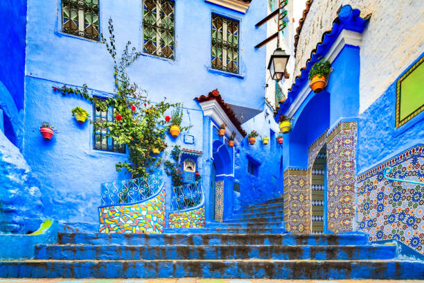 Plakát Chefchaouen, Morocco. Blue staircase and wall