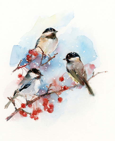 Plakát Chickadees with Berries, 2017,