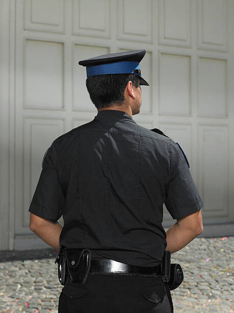 Plakát Policeman standing in street, rear view