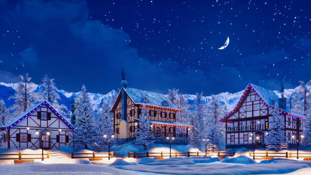 Plakat Snowbound alpine mountain town at winter night