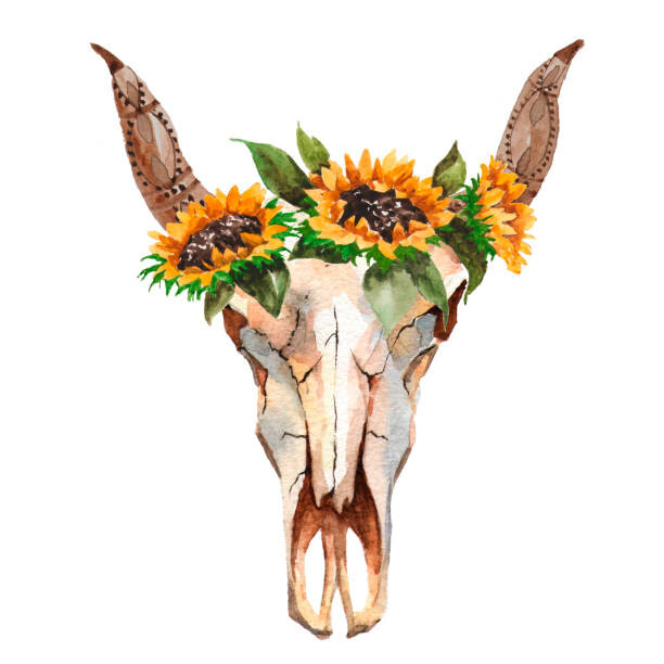 Plakát Watercolor isolated bull's head with flowers