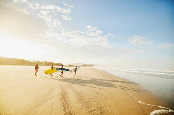 Plakát Wide shot of family carrying surfboards