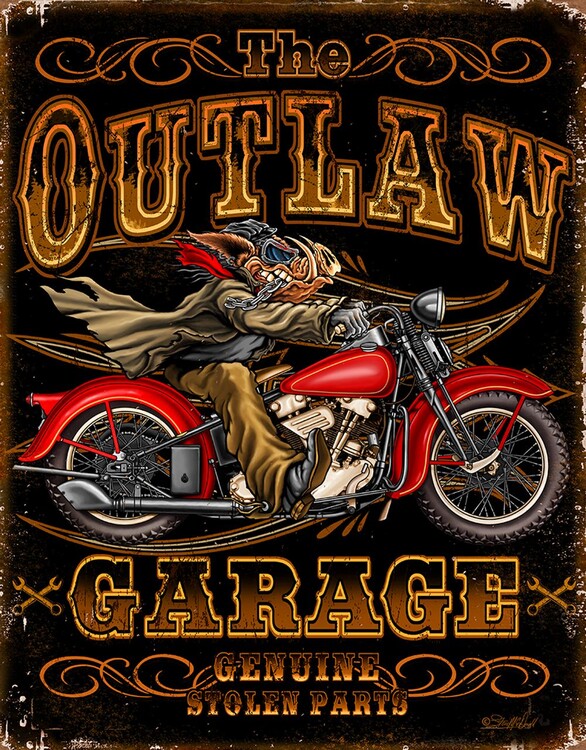 Plechová cedule Outlaw Garage Bikes