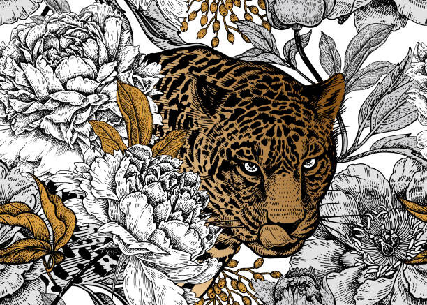 Obraz na płótnie Seamless floral pattern with Leopard and peonies.