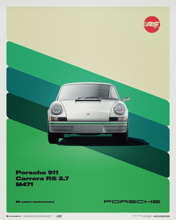 Umělecký tisk Porsche 911 Carrera RS 2.7 - 50th Anniversary - 1973 - White