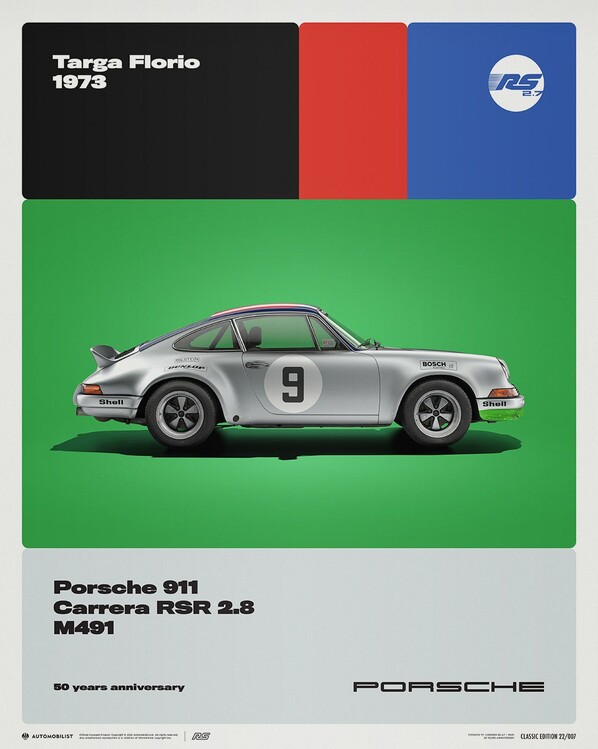 Umělecký tisk Porsche 911 Carrera RS 2.8 - 50th Anniversary - Targa Florio - 1973