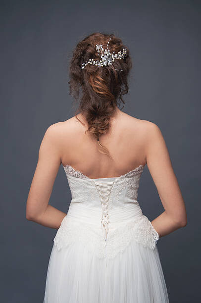 Poster Bridal fashion. Brunette bride view from the back.