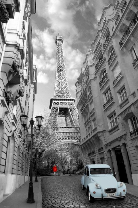 Paris - red girl blue car Poster