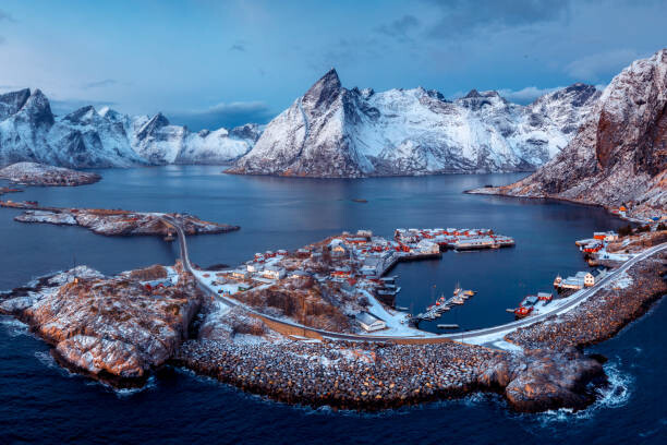 Poster Road among winter scenery in Lofoten