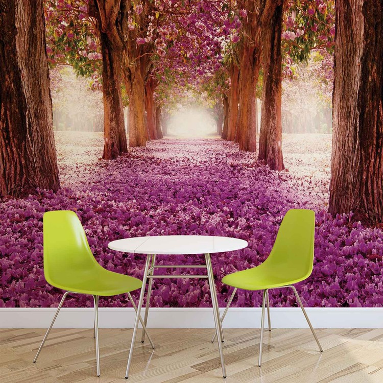 Chemin dans les Arbres  en Fleur Rose Poster  Mural Papier 