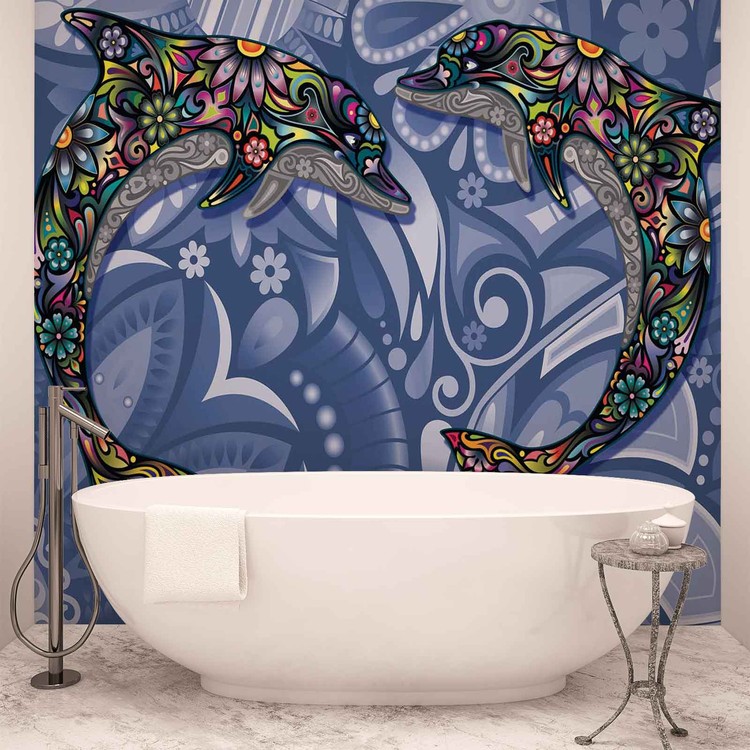 Dauphins Fleurs Abstrait Couleurs Poster Mural, Papier 