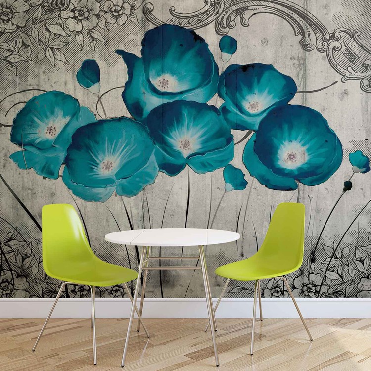 Fleurs Bleues Grises Vintage Poster Mural XXL