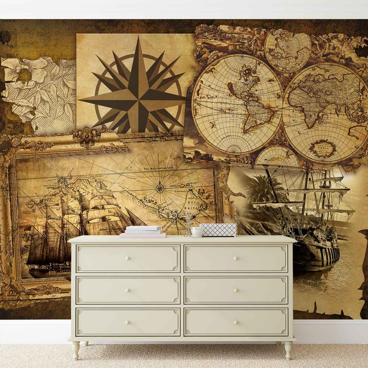 Navire et Cartes Vintages Poster Mural, Papier peint 