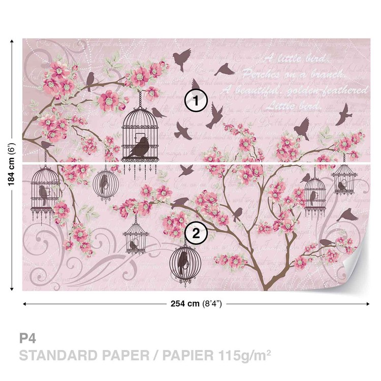 Oiseaux Cerisiers En Fleurs Roses Poster Mural Xxl