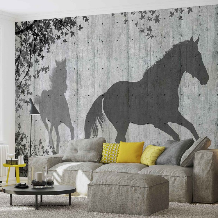 Papier peint Chevaux, Arbres et Feuilles Poster Mural 