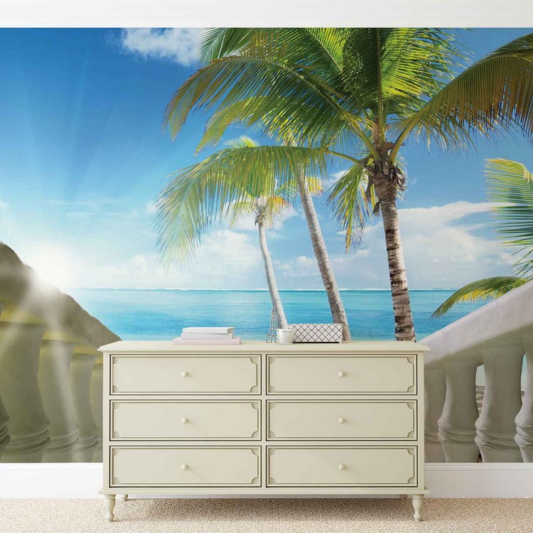 Plage Tropicale Mer Palmiers Poster Mural, Papier peint 